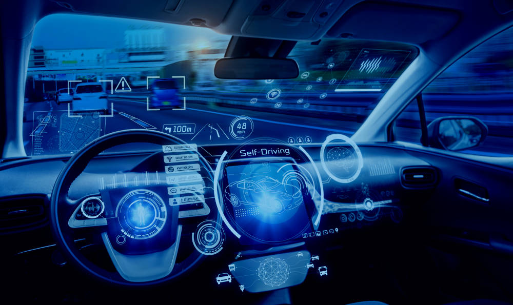 The interior of a car with various computerized high-tech overlay graphics